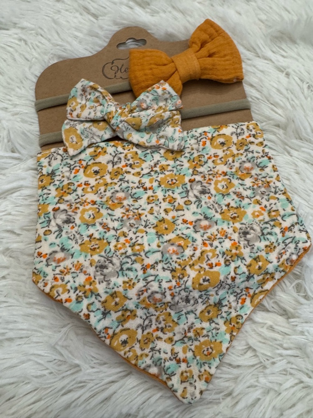 Muslin Mustard Floral Baby Bandana Bib & Bow Headband Set